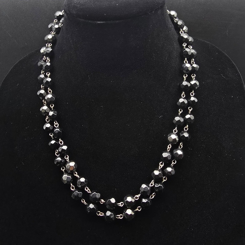 Black Faceted Glass Beaded Necklace Vintage Costume Jewelry